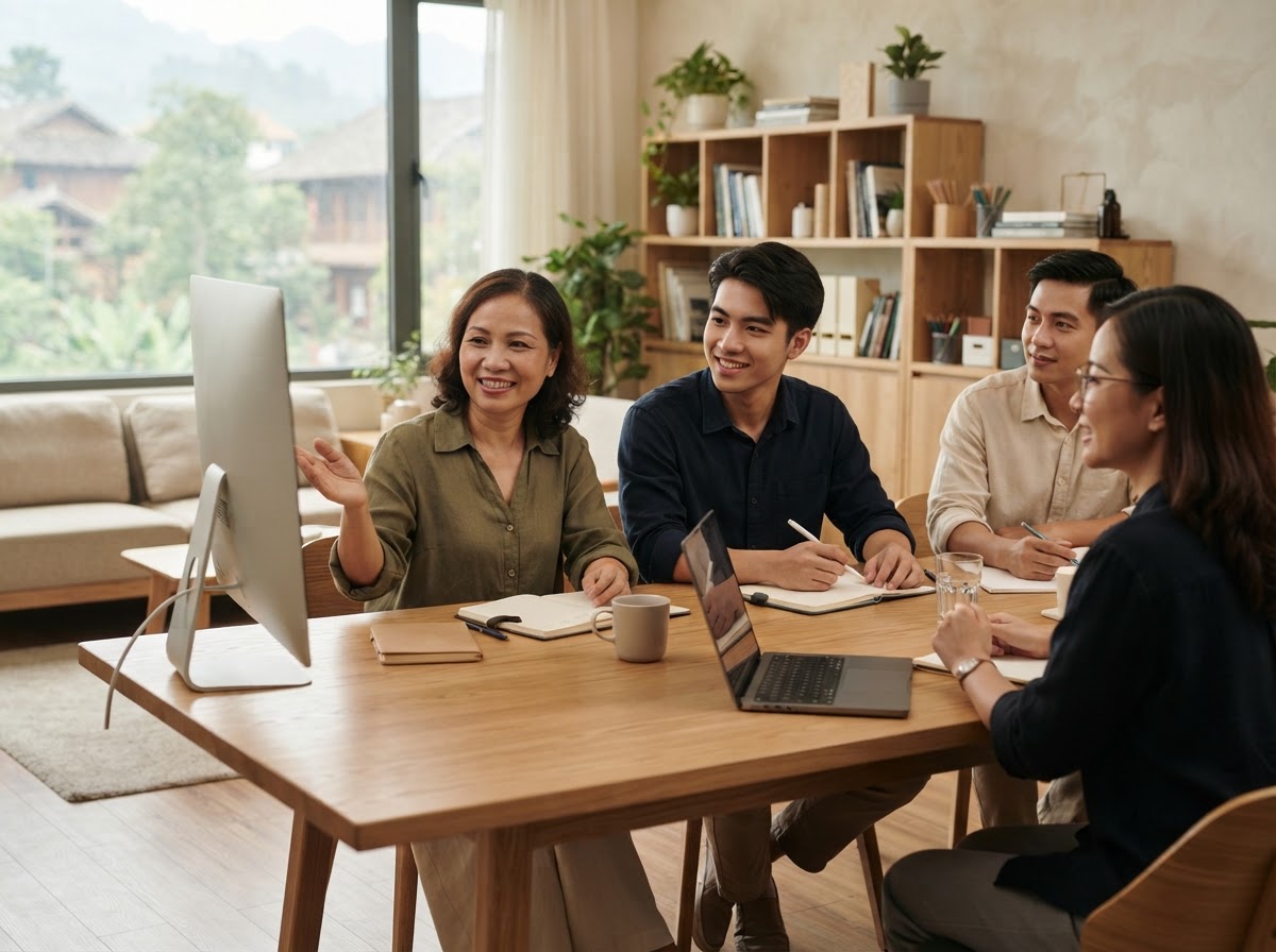 Dai Phuvuong team reviewing investment data analysis