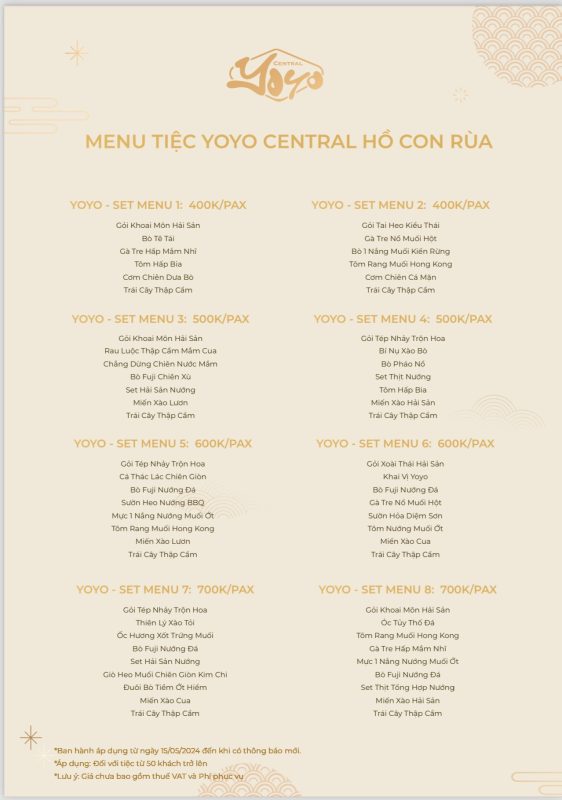 menu tiệc Yoyo Beer Garden Hồ Con Rùa 5